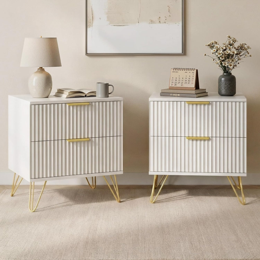 White Fluted Nightstand Set of 2, Modern Bedside Table with 2 Drawers and Gol...