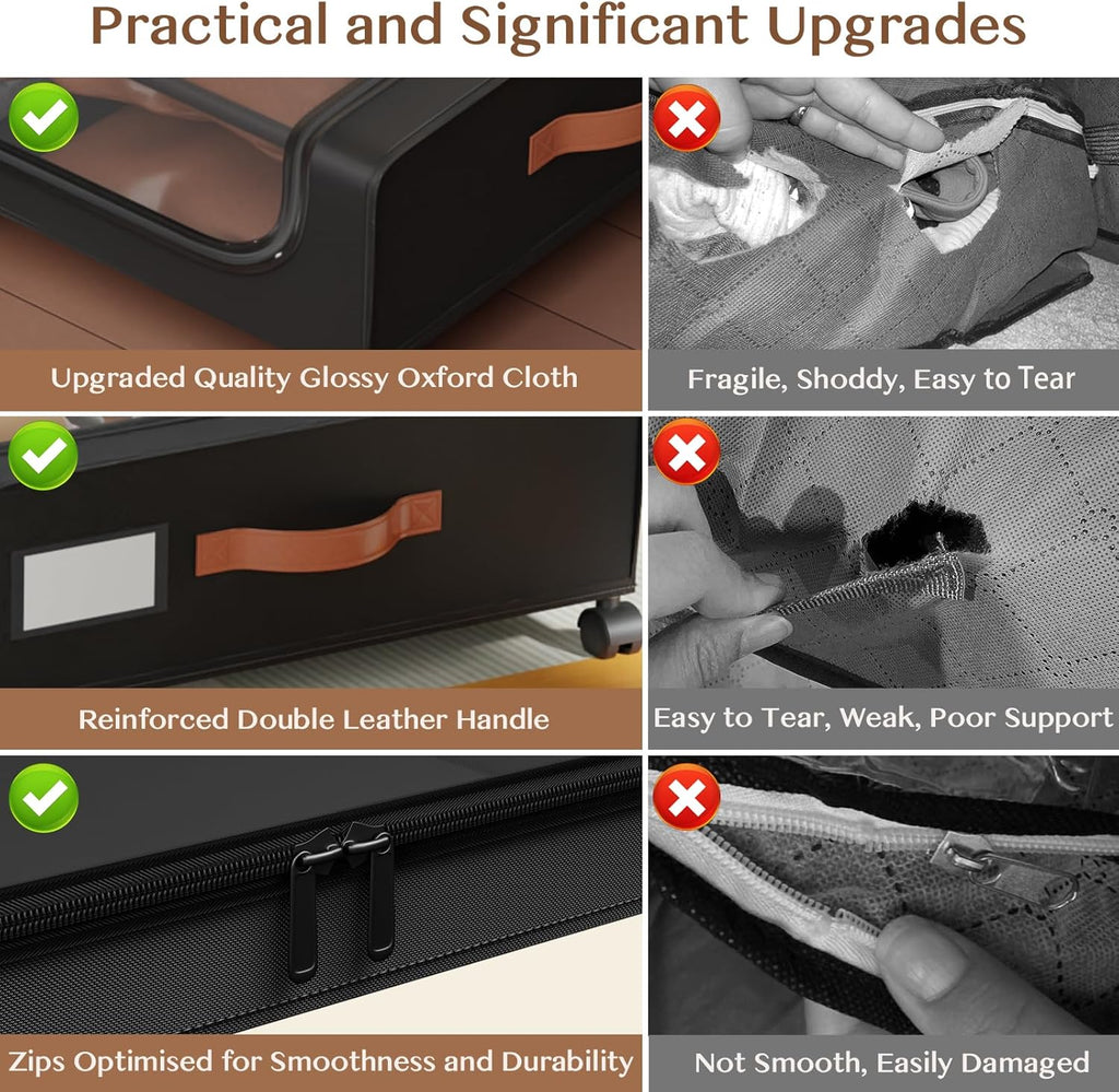 Under Bed Storage with Wheels, UnderBed Storage Containers with Clear Lid and Handles, Under the Bed Storage Bins Drawers for Clothes,Blankets,Shoes,Books (BLACK, 4 PACK)