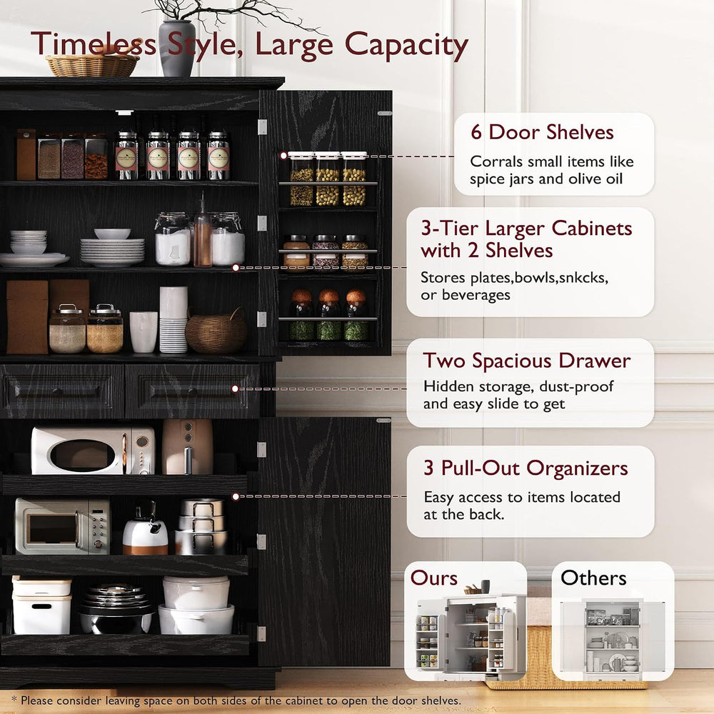 71" Tall Kitchen Pantry Cabinet, Freestanding Storage Cabinet with 3 Pul...