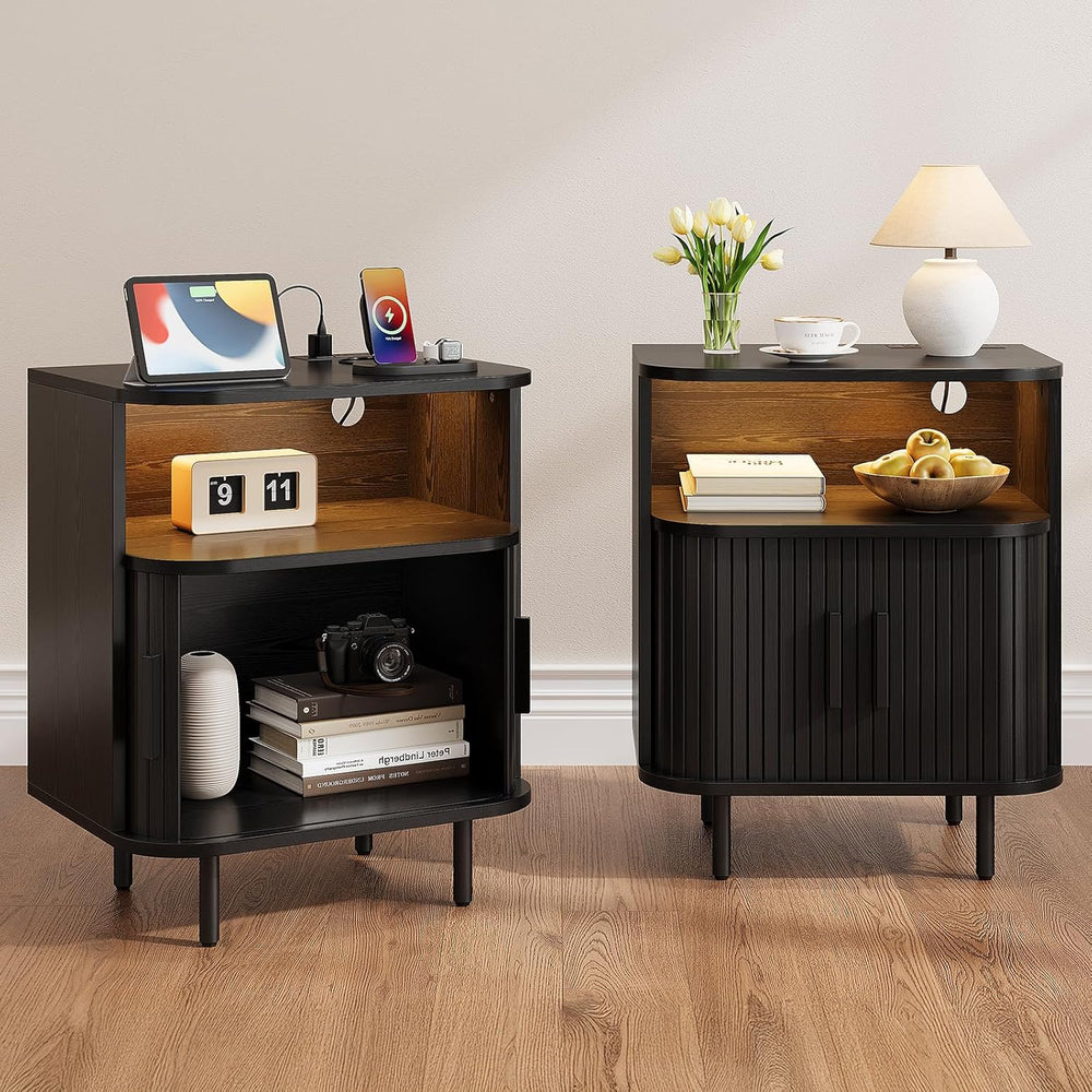 ONBRILL Fluted Nightstand with Drawers, Modern End Table with Charging Statio...