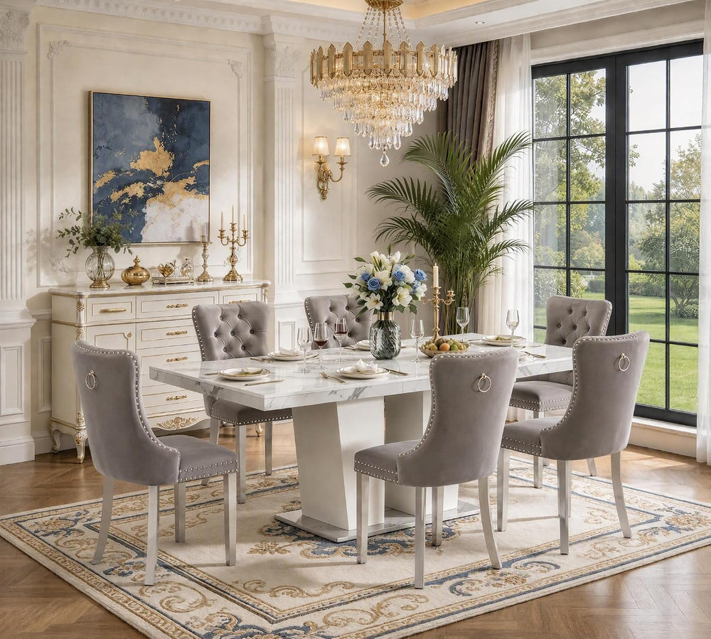 7-Piece Extendable Dining Table Set for 6-8 People 63"-78.7" Kitche...