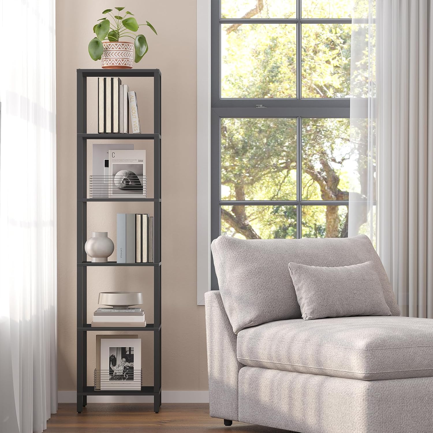 TUTOTAK Bookshelf, 6-Tier Tall Book Shelf, Narrow Bookcase for Small Space, DIY Stackable Bookshelf, for Living Room, Office, Study, Entryway, Industrial, Black BS01BK006