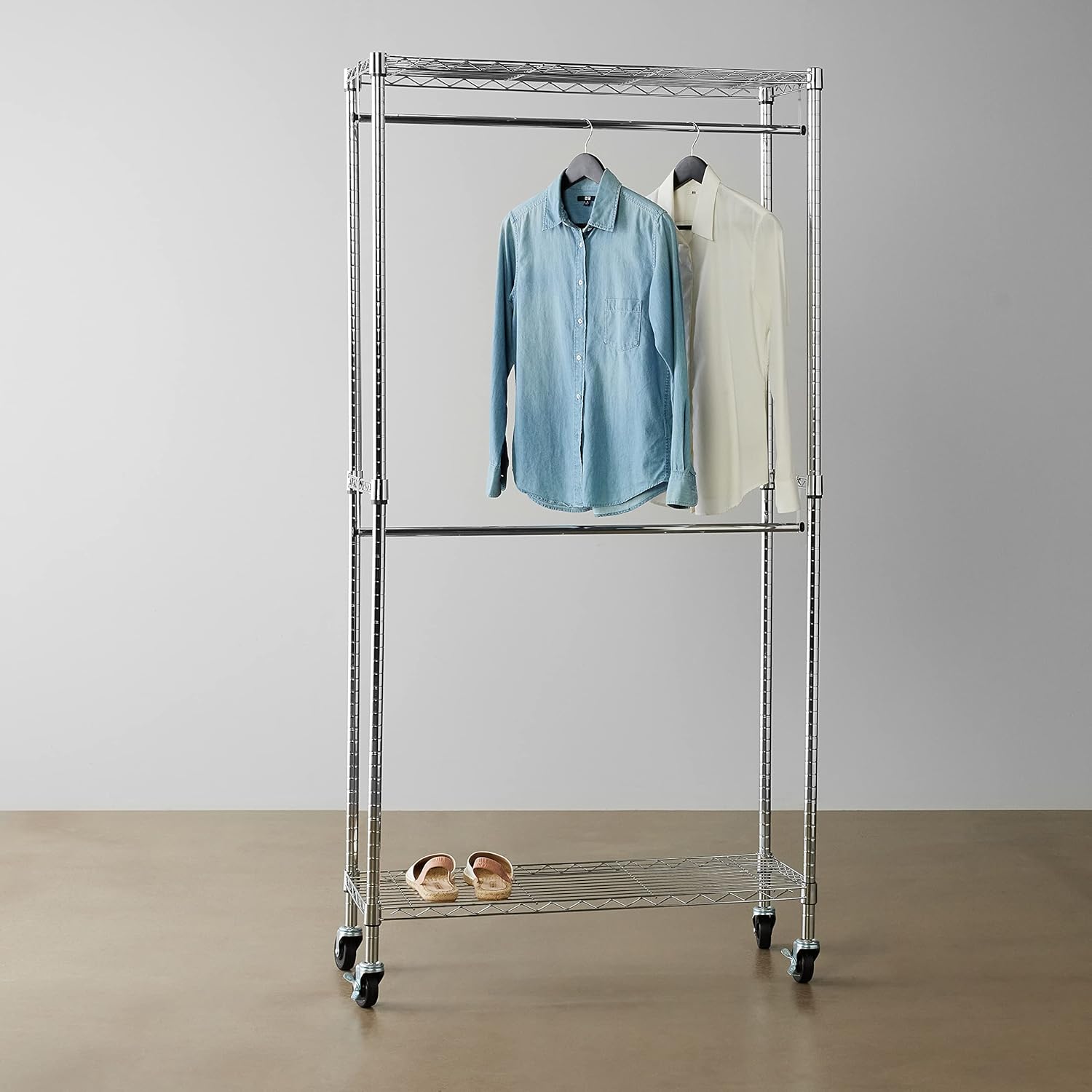 Amazon Basics Adjustable Clothes Rack for Handing, Double Hanging Rod Garment Rolling Closet Clothing Organizer, Chrome, 36'' x 14'' x 72''