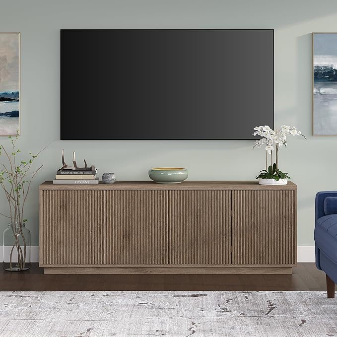 Henn&Hart Fluted TV Stand for TVs up to 75" with 2 Concealed Ribbed Storage Cabinets and Adjustable Shelves for Living Room, Family Room, or Office, Weathered Gray