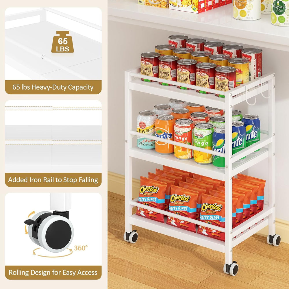 3-Tier Expandable Rolling Pantry Organizers and Storage Cart with Wheels, Adj...