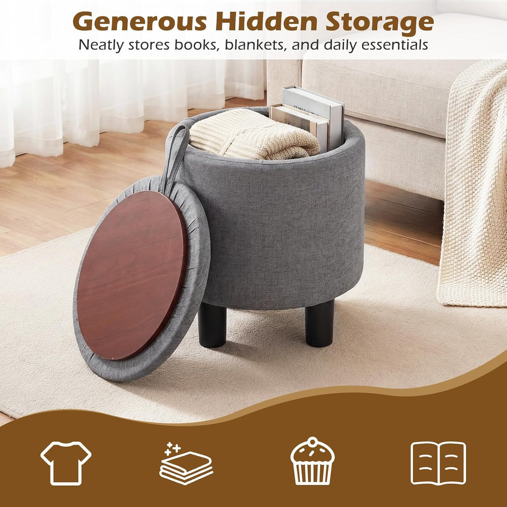 GIANTEX Linen Fabric Round Storage Ottoman with Removable Lid, Gray | Upholst...