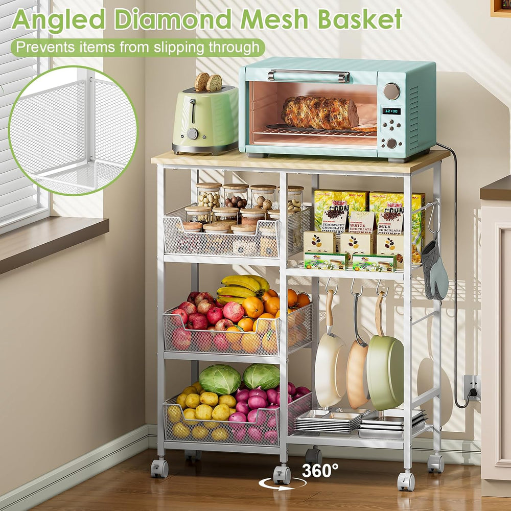Rolling Kitchen Microwave Organizer Cart, Adjustable Shelves, White | Kitchen...