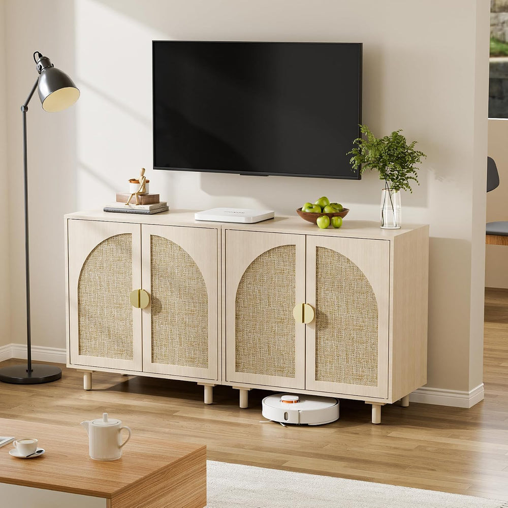 Rattan Sideboard Buffet Cabinet, Wood Storage Credenza Cabinet with Doors and...