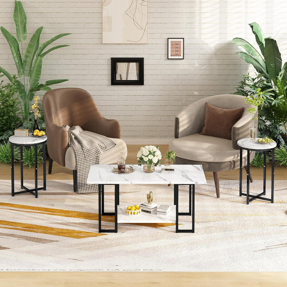 Lamerge 3 Pieces Living Room Table Set, Faux Marble Coffee Table with 2 Round...