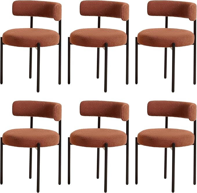 Boucle Dining Chairs Set of 6, Rust Dining Chairs with Upholstered Seat and Round Back, Mid-Century Modern Kitchen Chairs for Dining Room, Restaurant