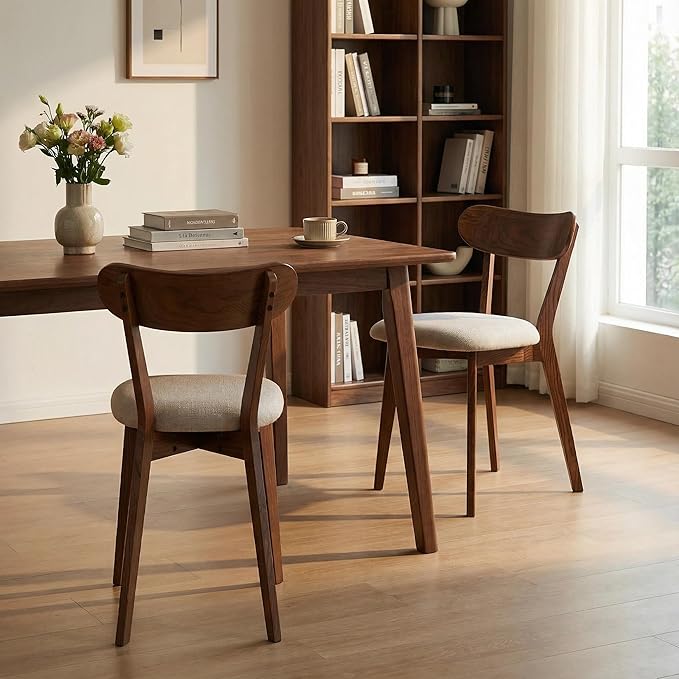 100% Solid Oak Wood Dining Chairs,Mid Century Modern Dining Chairs with Upholstered Cushion,Kitchen,Dining Room Chairs Set of 2 (2, Walnut Color Grey Upholstery)