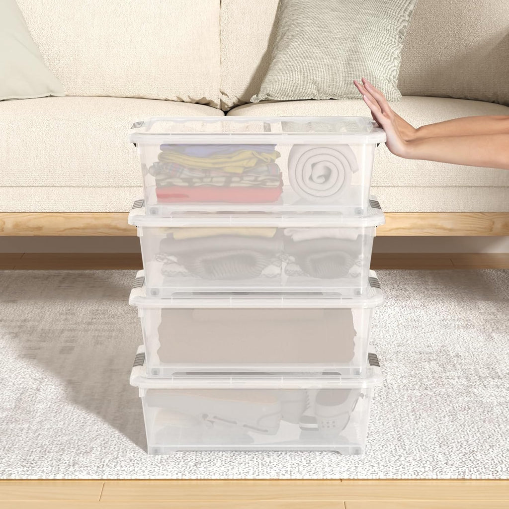 Sandmovie 4 Packs 20 Quart Plastic Under Bed Storage Boxes, Plastic Bins Storage Under Bed, Clear