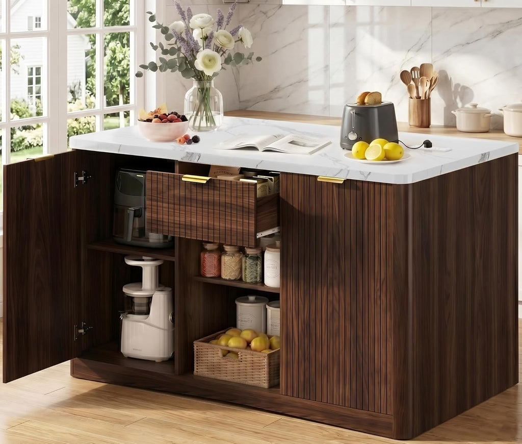 Marble Top Kitchen Island, 47.2" W Kitchen Island on Wheels Islands Table with Power Outlet Rolling Coffee Bar Cart with Buffet Cabinet & Drawer for Dining Room Breakfast Bar Table - Walnut