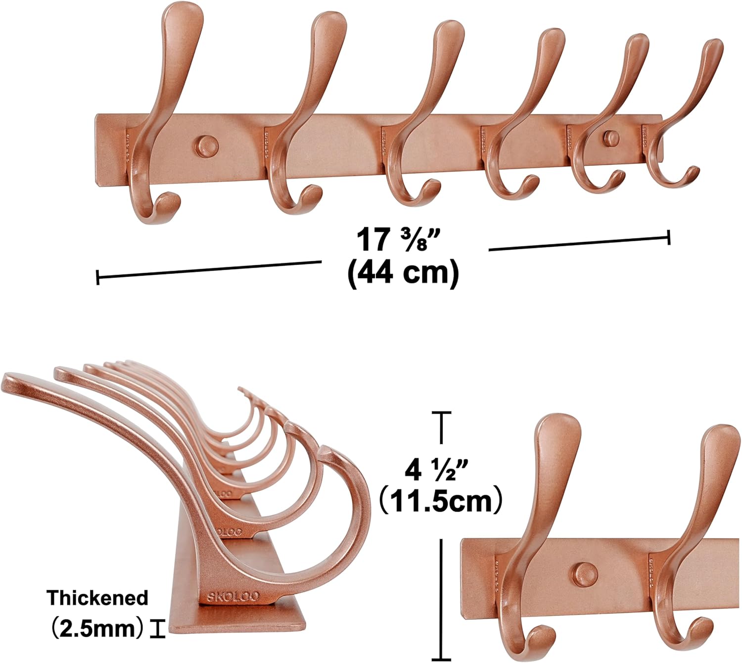 SKOLOO Coat Rack Wall Mounted - 6 Hooks, Heavy Duty, Stainless Steel, Metal Wall Hanger, Sturdy Coat Hooks for Hanging Coats, Jacket, Clothes, Hat, Matte Rose Gold