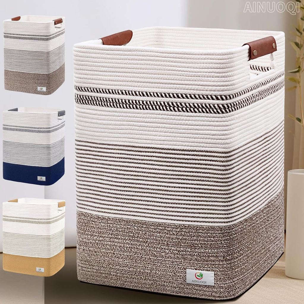 Laundry Hamper - Tall Woven Rope Laundry Basket - Clothes hamper with Leather Handles, 17.8" X 13.8" X 22", Blanket Storage Basket for Living Room, Rice Brown & White