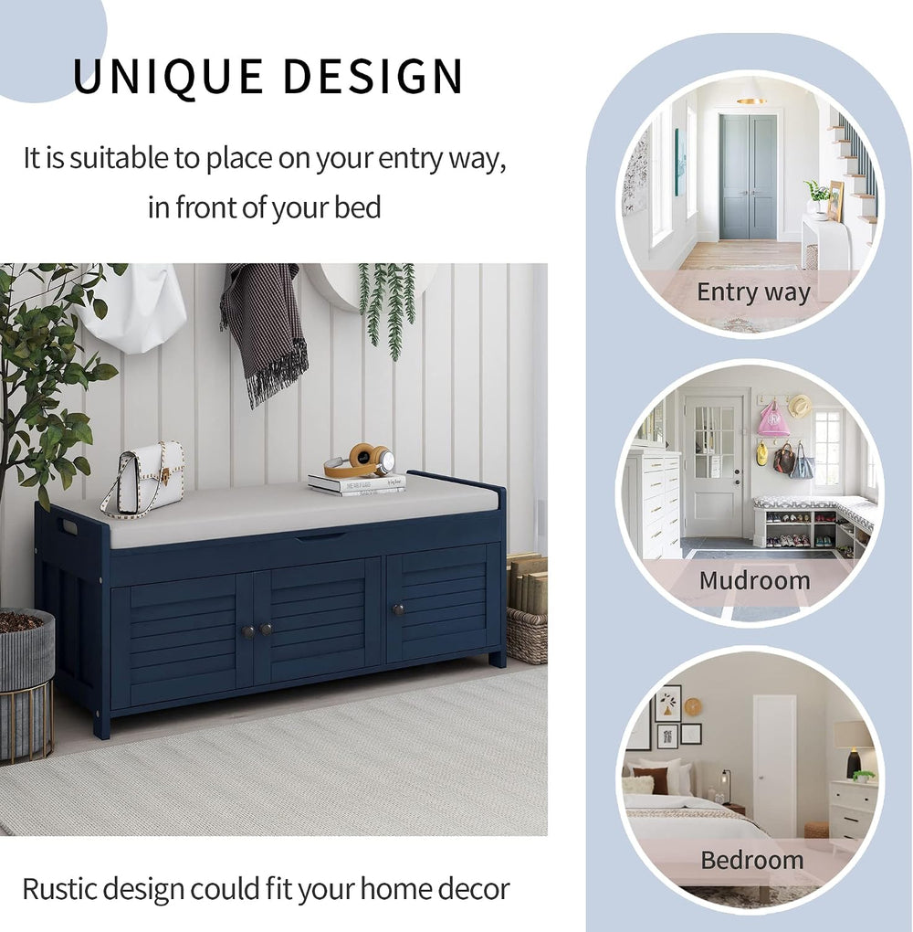 Storage Bench with 3 Shutter-Shaped Doors, Wood Shoe Bench with Removable Cus...