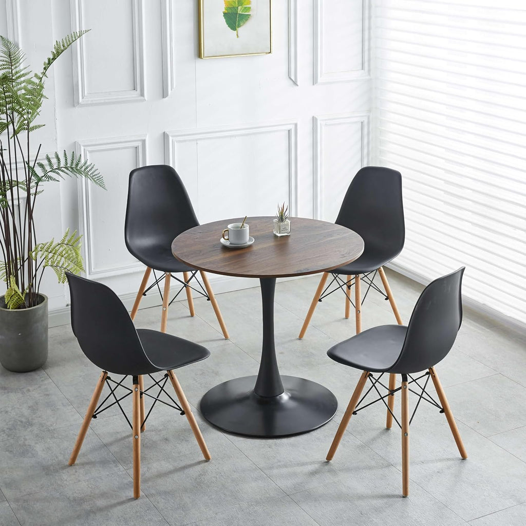 5-Piece Round Dining Table Set,31.5" Mid-Century Modern Kitchen Table with 4 Chairs,Tulip Pedestal Table & Solid Wood Legs,Space Saving Compact Furniture for Small Spaces Apartment Home,Walnut/Black