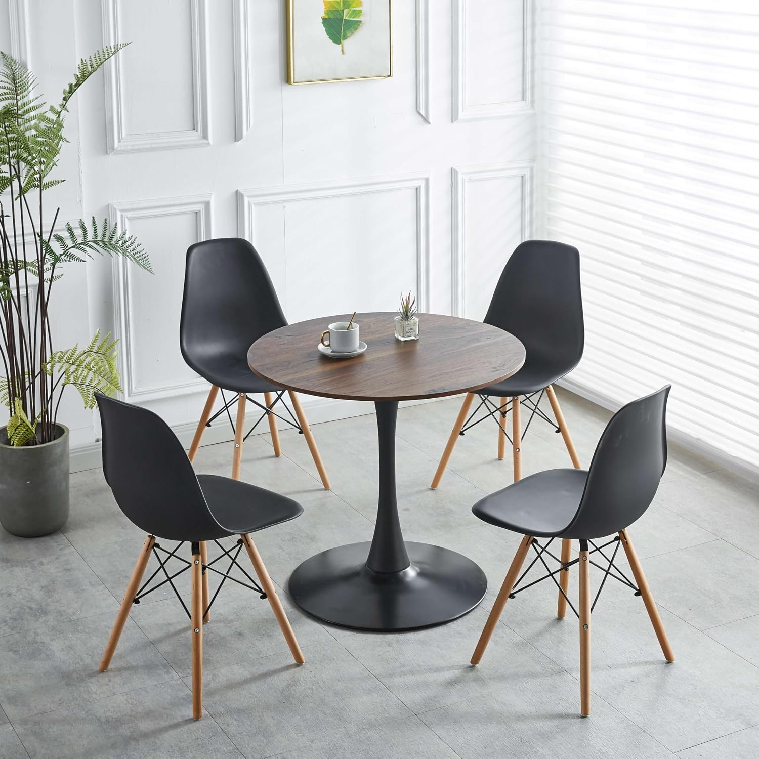 5-Piece Round Dining Table Set,31.5" Mid-Century Modern Kitchen Table with 4 Chairs,Tulip Pedestal Table & Solid Wood Legs,Space Saving Compact Furniture for Small Spaces Apartment Home,Walnut/Black