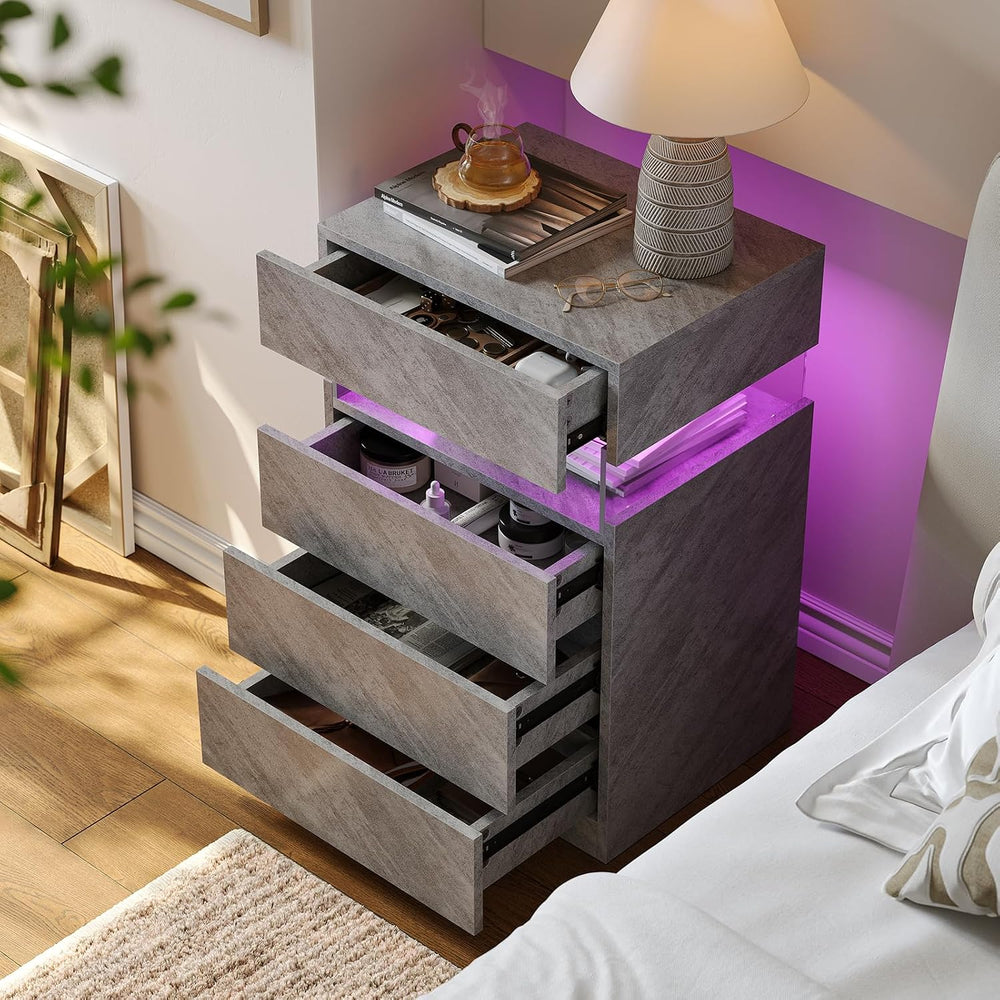 Bingoday Gray LED Night Stand Set 2 with 4 Drawers Modern Bedside Table | Nig...