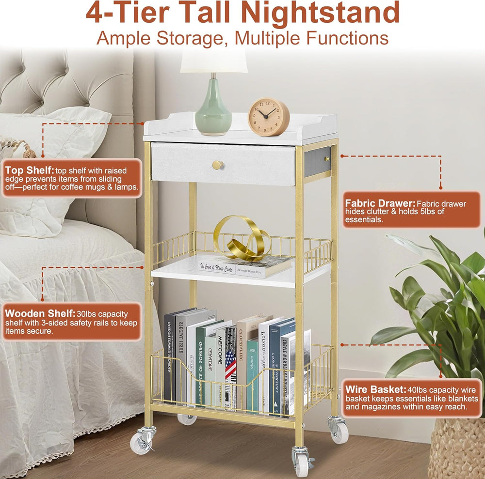 Gold & White Side Table with Storage Basket, Tall End Table with Drawer, ...