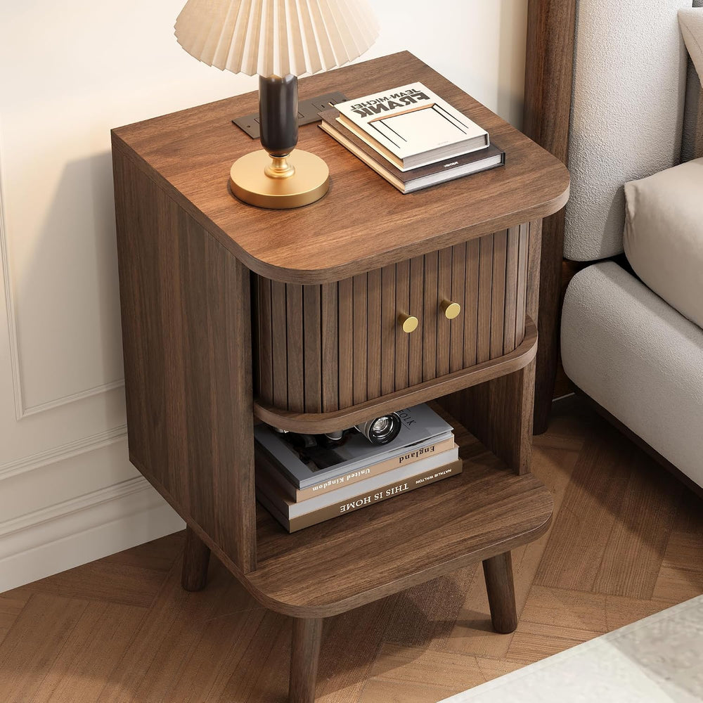 Decofy Fluted Nightstand Set of 2, Mid Century Modern Bedside Table with Char...