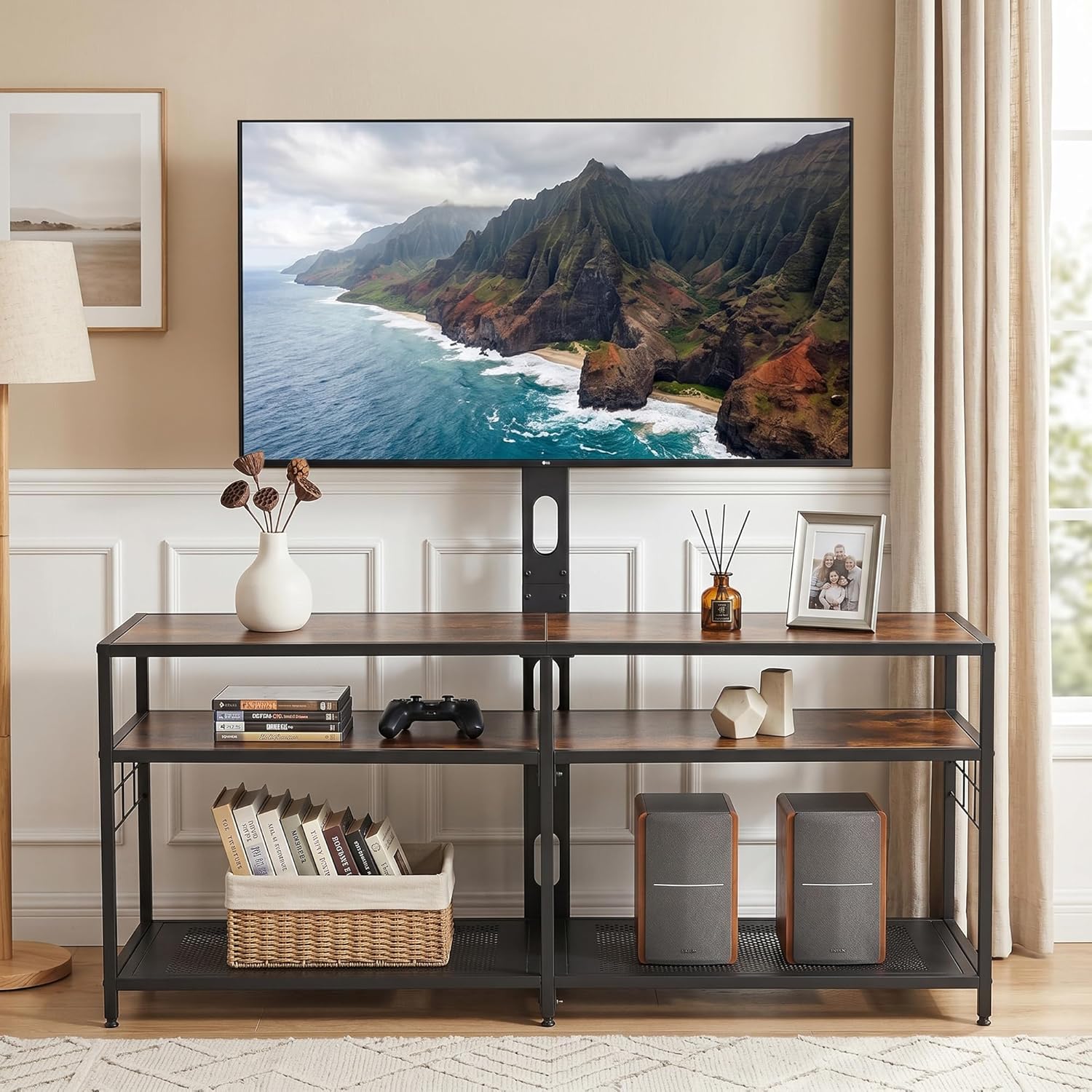 VECELO TV Stand with Mount, Universal Swivel TV Console for 32-75 inch TVs, 55" Entertainment Center with Storage Shelves, for Living Room, Bedroom, Rustic Brown