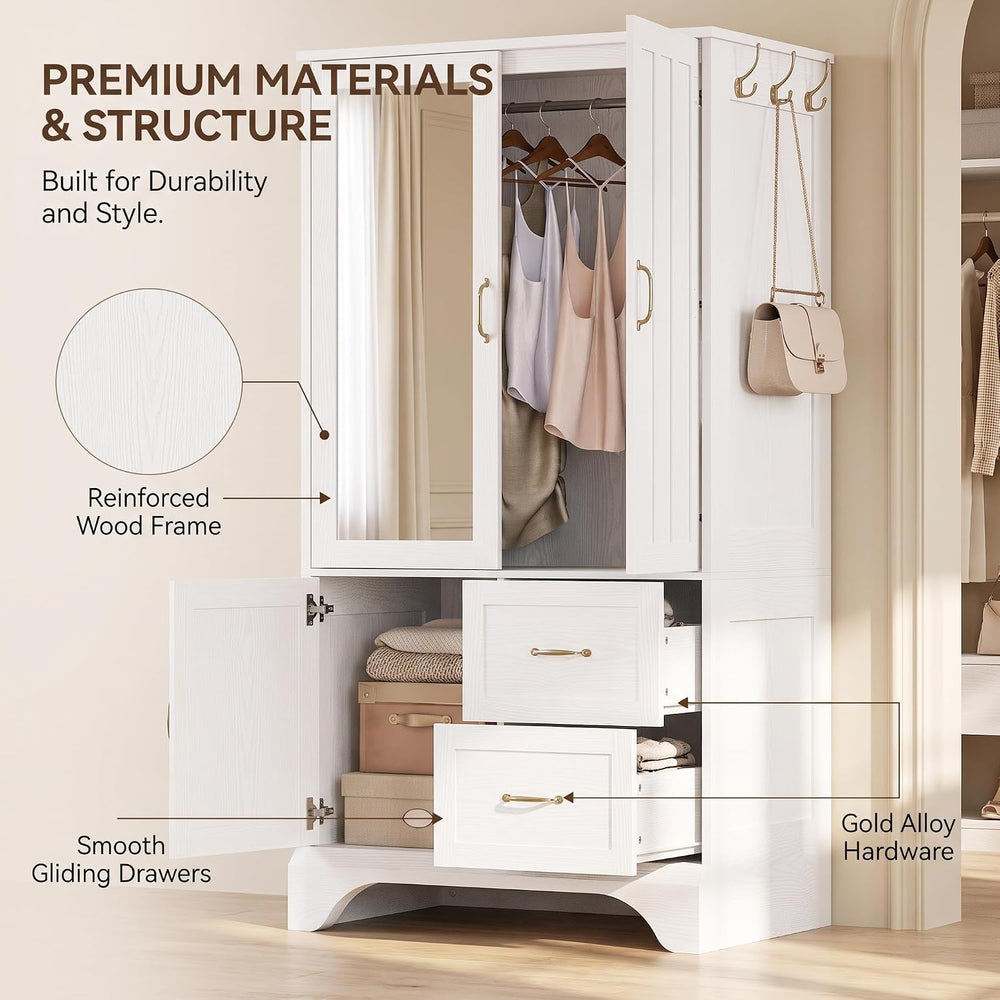 LIKIMIO Armoire Wardrobe with Mirror, 3-Door Hanging Rod & Drawers | 3-do...