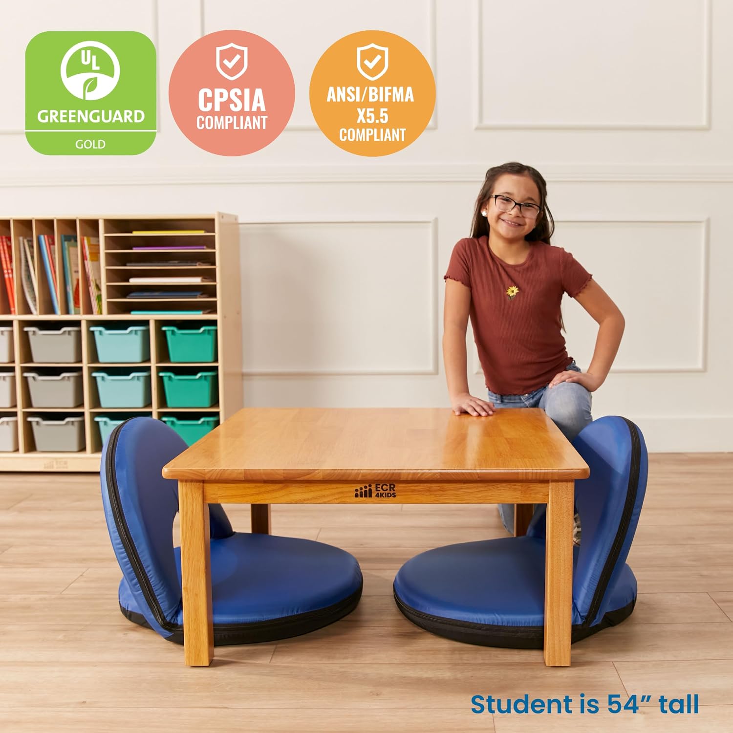ECR4Kids 30in x 30in Square Hardwood Table with 14in Legs, Kids Furniture, Honey