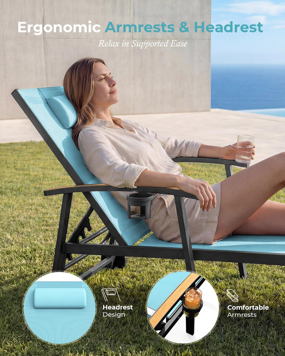Ciokea Outdoor Lounge Chair with Pillow, 5-Position Chaise Lounge with Wheels...