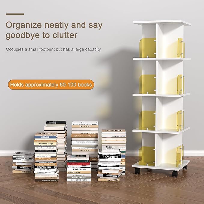 VECELO 4-Tier Rotating Bookshelf, Modern Swivel Bookcase, Vintage Book Shelf for 360° Display, Stackable Shelves Floor-Standing Storage for Home Office, Solid Wood, Smooth Spinning, White