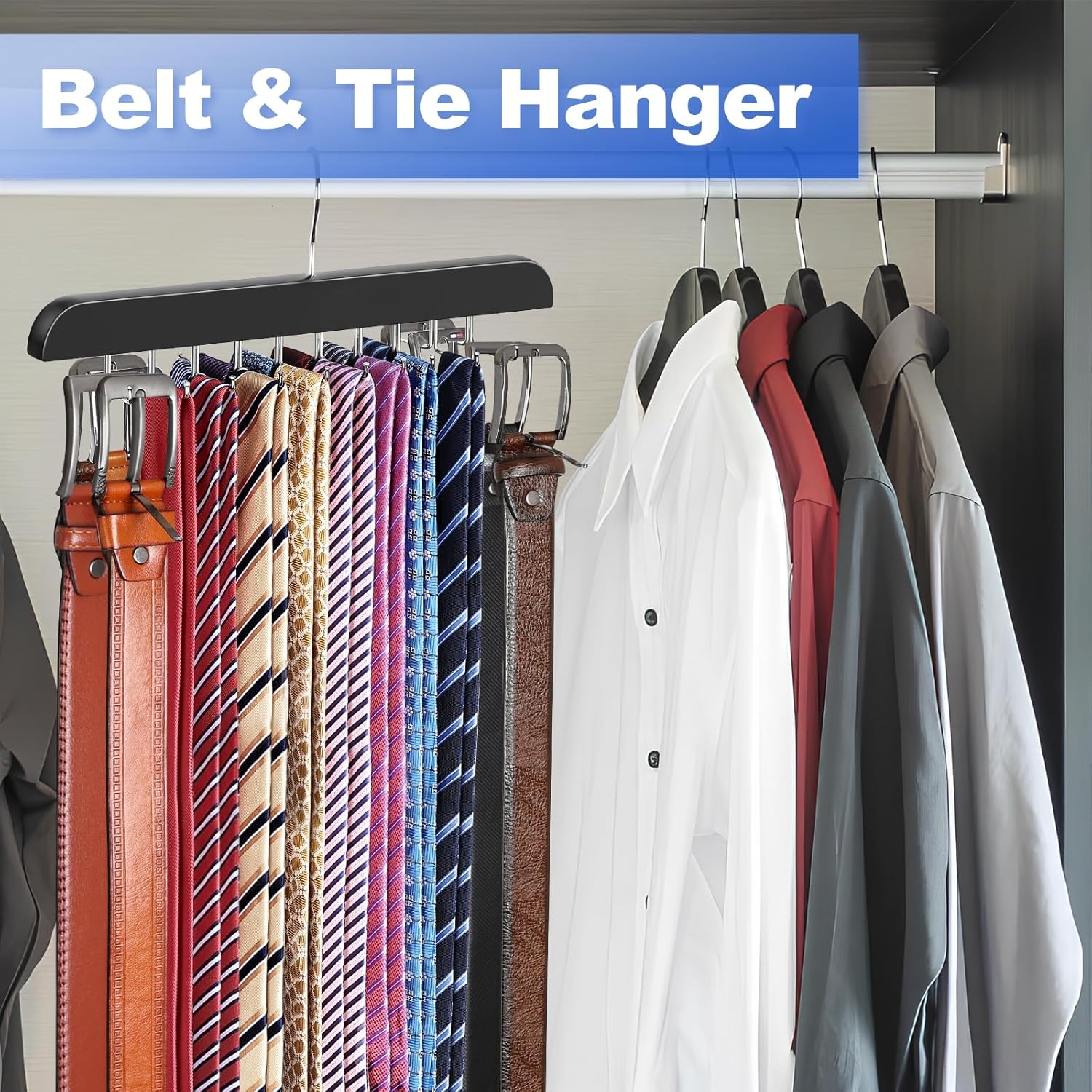 RESOVO Upgraded Tie Rack Hanger with 20 Foldable Metal Hooks, Space Saving Necktie Organizer for Men – Large Capacity Tie and Belt Wooden Hanger for Closet - Black