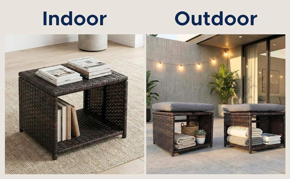 Outdoor Storage Ottoman (Set of 2) - All-Weather Wicker Patio Footstool with ...