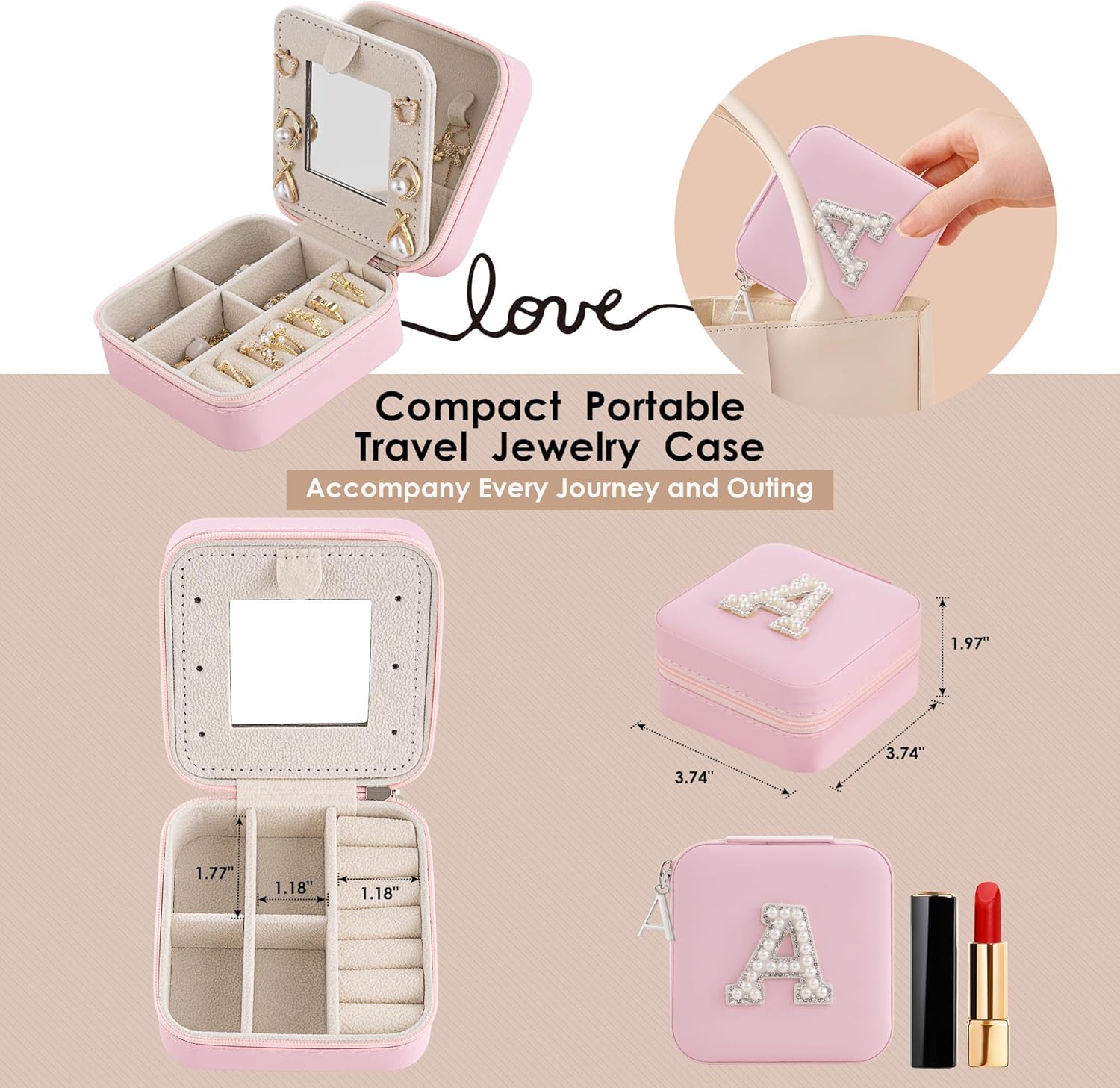 Birthday Gifts for Women - Initial & Travel Jewelry Case, Organizer for Wife, Girlfriend, Bridesmaid or Graduation