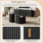 Wooden TV Stand & Coffee Table Set with Fluted Sliding Doors for TVs up to 75", Golden Handles Media Console with Cable Hole, Farmhouse Round Center Table for Living Room, Black