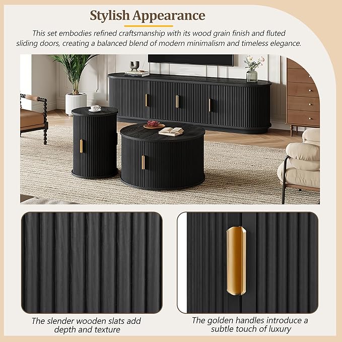 Wooden TV Stand & Coffee Table Set with Fluted Sliding Doors for TVs up to 75", Golden Handles Media Console with Cable Hole, Farmhouse Round Center Table for Living Room, Black