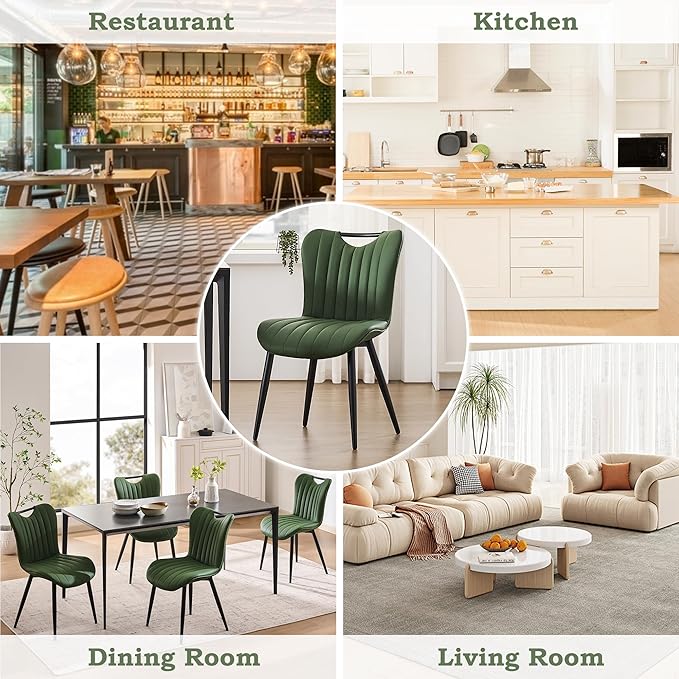Leather Upholstered Dining Chairs Set of 4, Mid-Century Modern Kitchen Dining Room Chairs with Black Metal Legs, Armless Faux Leather Accent Dinner Chairs Kitchen Side Chairs, Green