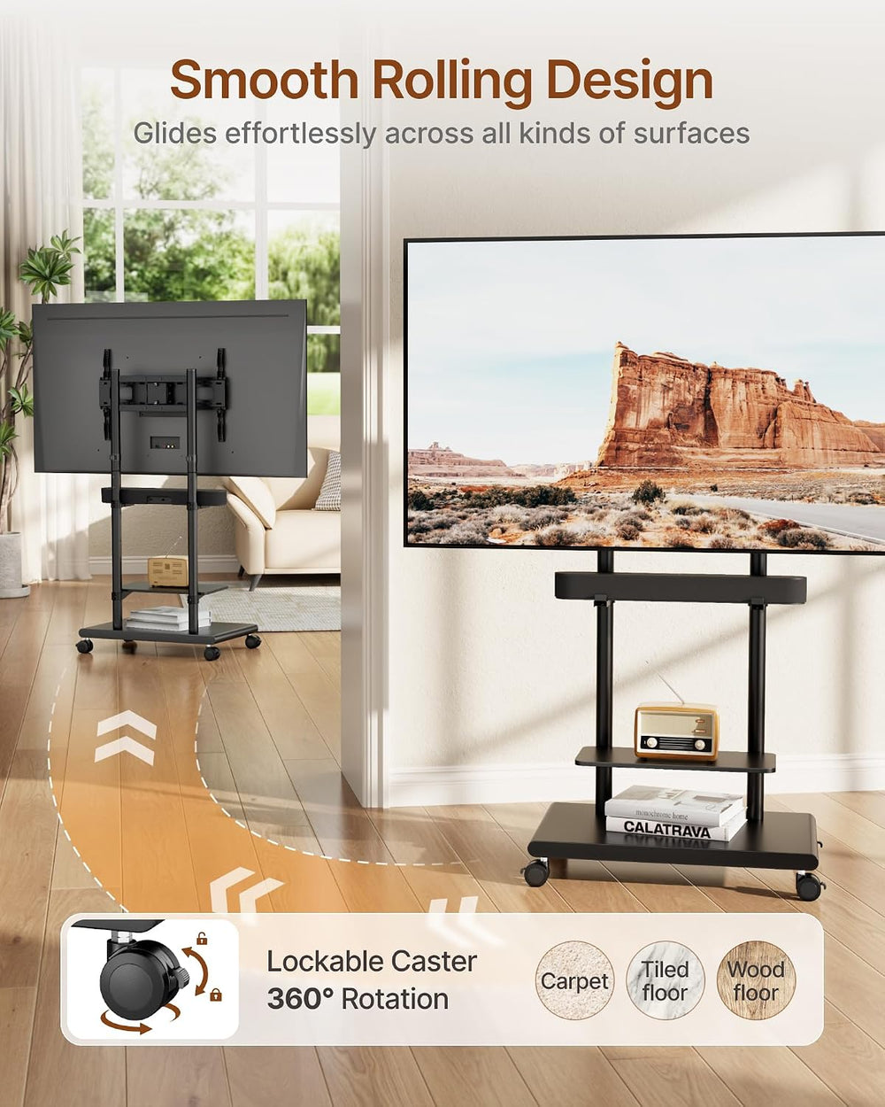 Rolling TV Stand with Soundbar Mount for 37-75inch TVs up to 154lbs | Swivel&...