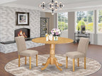 East West Furniture DLAB3-OAK-04 3 Piece Dining Room Furniture Set Contains a Round Dining Table with Dropleaf and 2 Light Tan Linen Fabric Parsons Chairs, 42x42 Inch, Oak