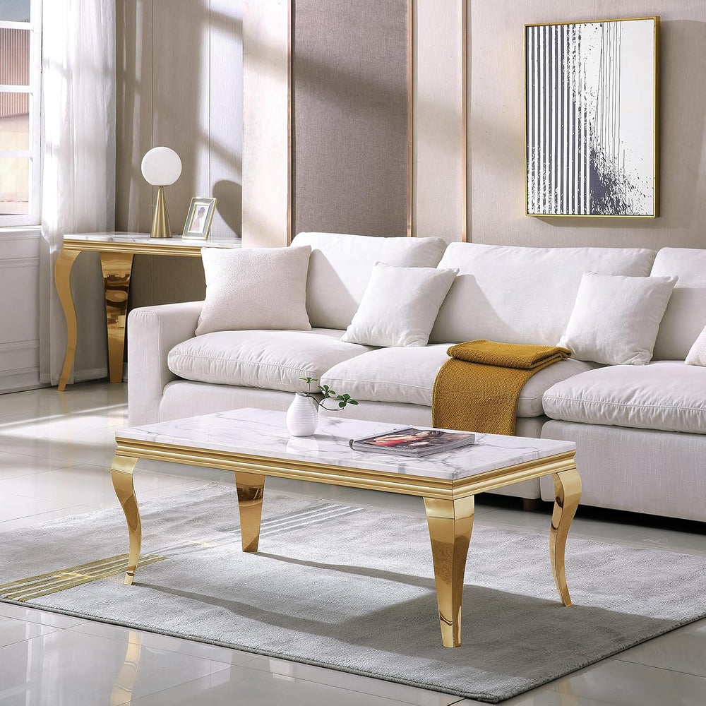 3 Piece Living Room Table Set, White Marble Coffee Table Set of 3, Modern Cof...