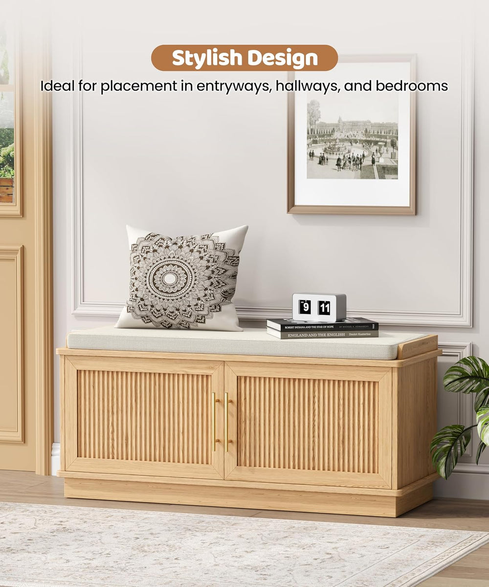 Akxomel 39.4" Fluted Shoe Storage Bench 2 Doors Wooden Entryway Bench Oa...