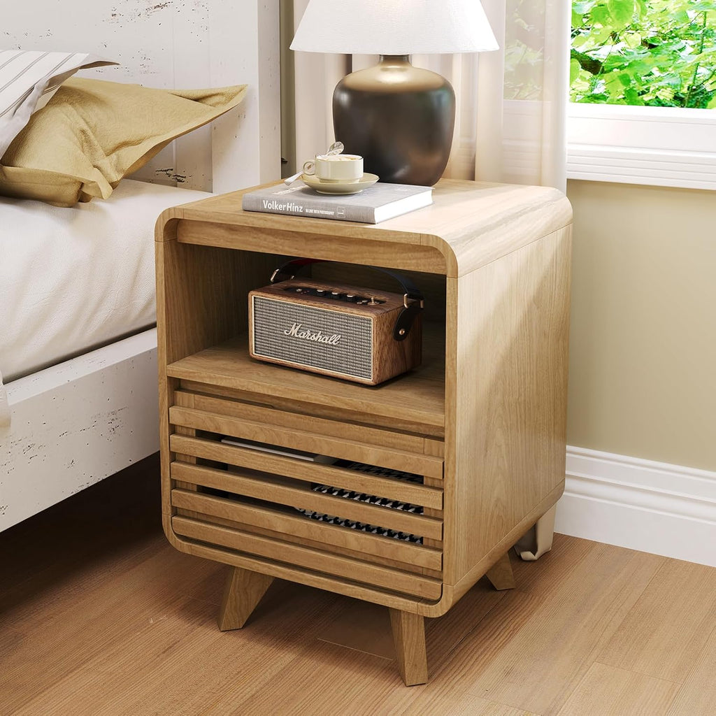 Fluted Night Stand Nightstand with Drawer Storage Grille Bed Side Table End Table Large Modern Wide Bedside Stand Tall Night Stands for Bedroom Living Room Sofa Couch Home Office, Natural Oak