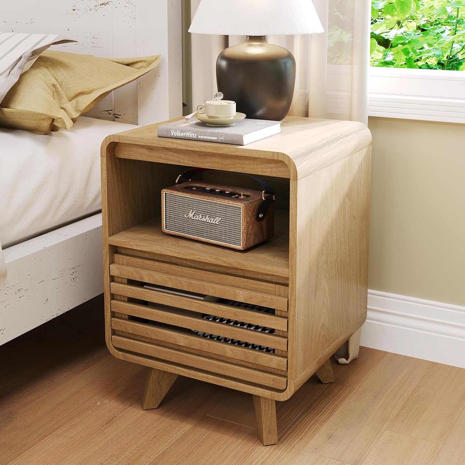 Fluted Night Stand Nightstand with Drawer Storage Grille Bed Side Table End Table Large Modern Wide Bedside Stand Tall Night Stands for Bedroom Living Room Sofa Couch Home Office, Natural Oak