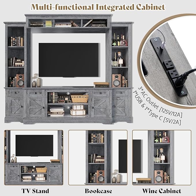 AMERLIFE 98" Farmhouse Wall Unit Entertainment Center with Bookshelves, Wine Cabinet, Fits 75" TVs, Large TV Stand with Power Outlets & Barn Door, Rustic Media Console for Living Room, Gray