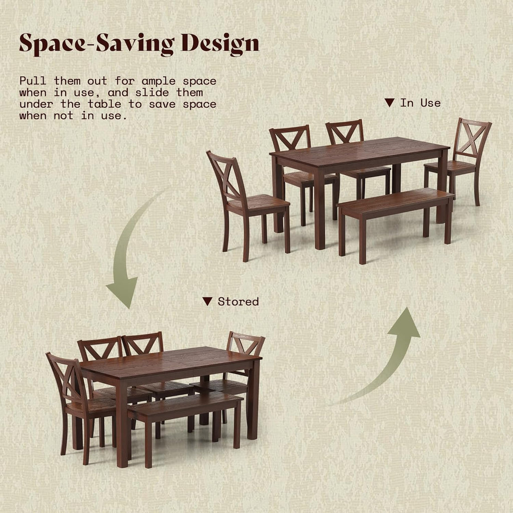 AMERLIFE 6-Piece Farmhouse Dining Table Set, 59" Wooden Kitchen Table with 4 Chairs and Bench, Space-Saving Rustic Dining Room Set for 6, Walnut