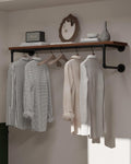 Clothes Rack 42in, Wall Mounted Garment Racks with Real Brown Wood Shelf, Heavy Duty Hanging Clothes Rack, Multi-Purpose Hanging Rod, Space-Saving Closet Storage