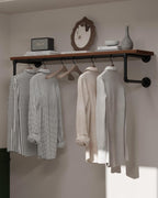 Clothes Rack 42in, Wall Mounted Garment Racks with Real Brown Wood Shelf, Heavy Duty Hanging Clothes Rack, Multi-Purpose Hanging Rod, Space-Saving Closet Storage