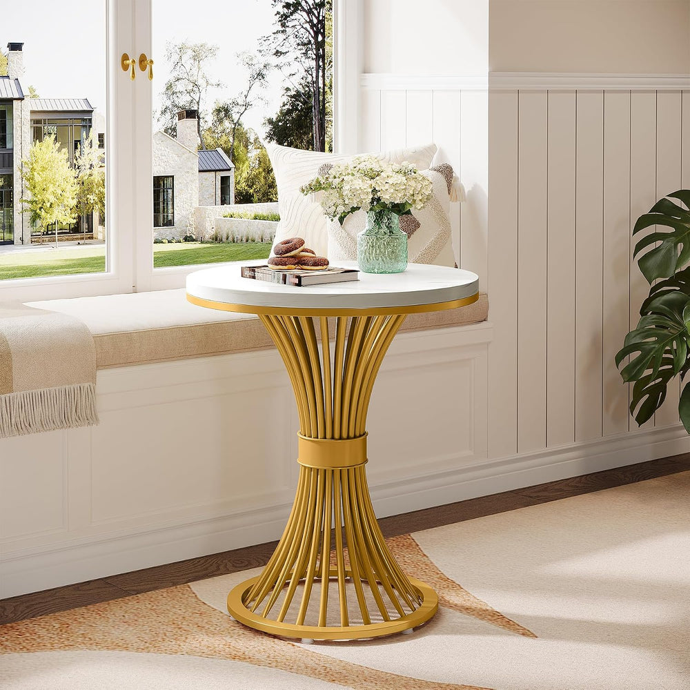 Tribesigns Round End Table, Modern Faux Marble Side Table with Gold Metal Bas...