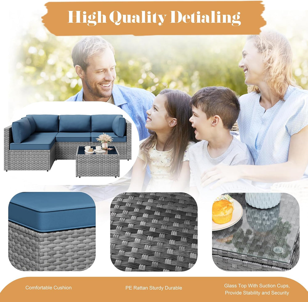 Vongrasig 5 Pieces Outdoor Sectional Furniture, All-Weather Rattan Patio Furn...