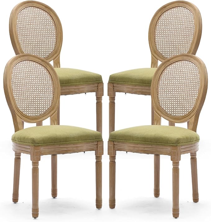 Rattan Back Upholstered Dining Chairs Set of 4 French Country Oval Kitchen Side Chairs with Wood Legs for Dining Room, Kitchen, Restaurant(Olive Green-Rattan)
