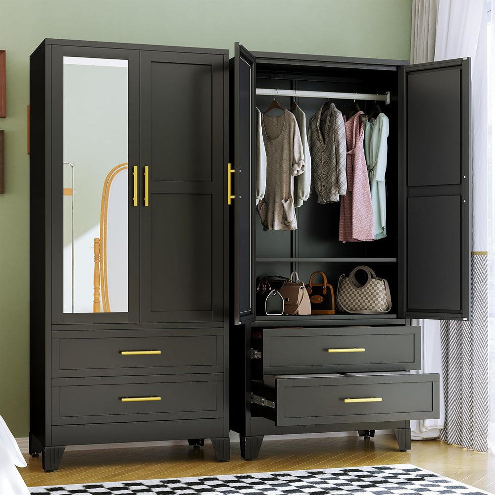 RIETERN Metal Armoire Wardrobe Closet, 71" Tall Bedroom Closet with Mirr...